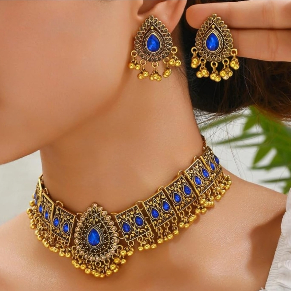 Blue and Gold Necklace Set Choker Prom Wear jewelry Handmade Necklace